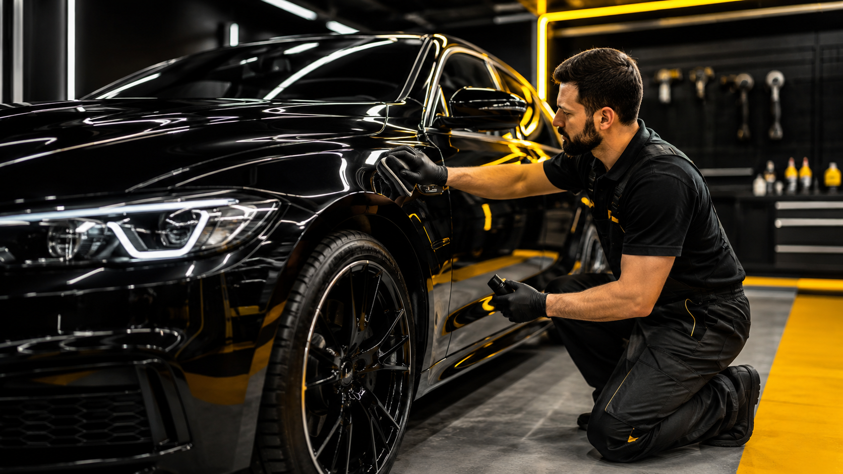 Profissional avaliando pintura de veículo em oficina de repintura automotiva