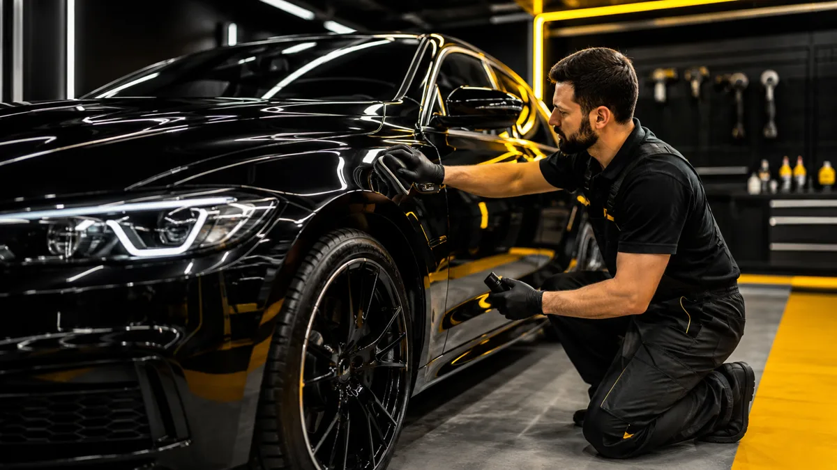 Profissional avaliando pintura de veículo em oficina de repintura automotiva