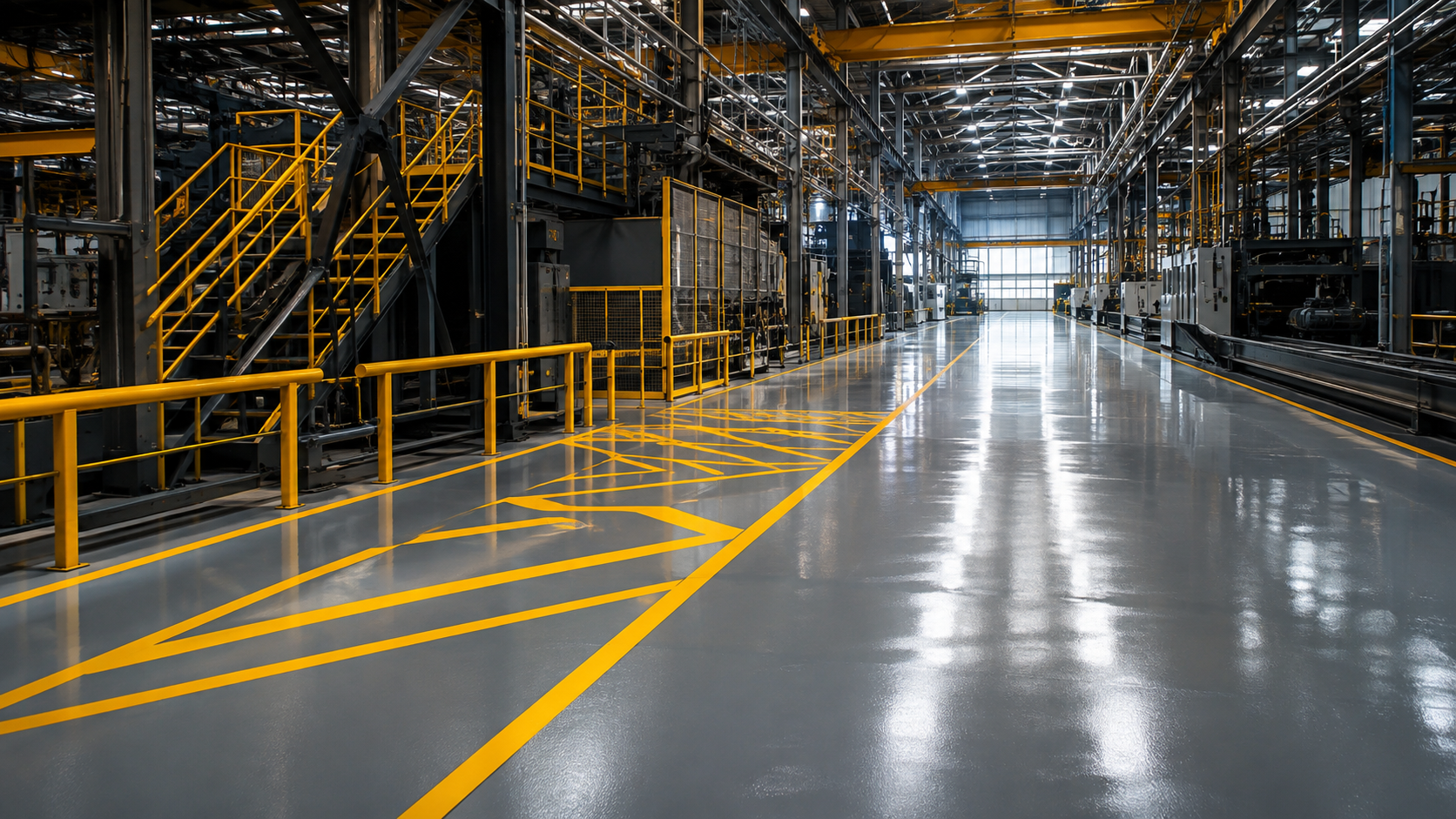 Piso industrial pintado com revestimento epóxi e demarcações amarelas de circulação