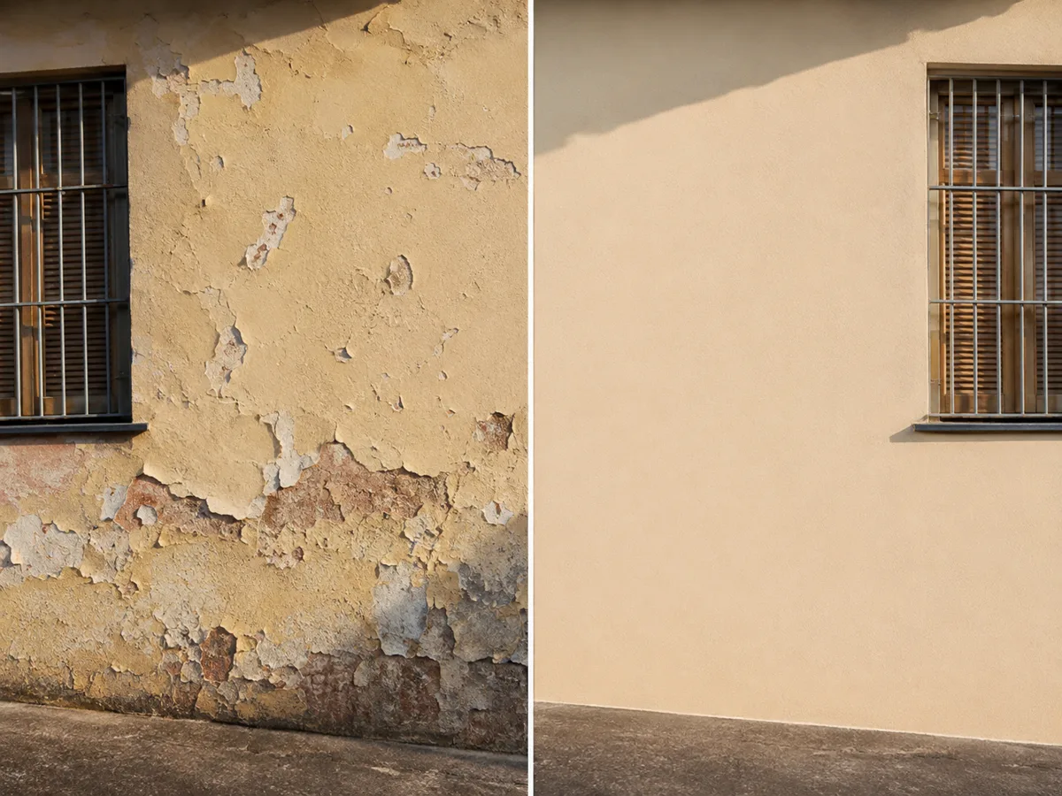 Comparativo de superfície descascando e a mesma superfície preparada e pintada