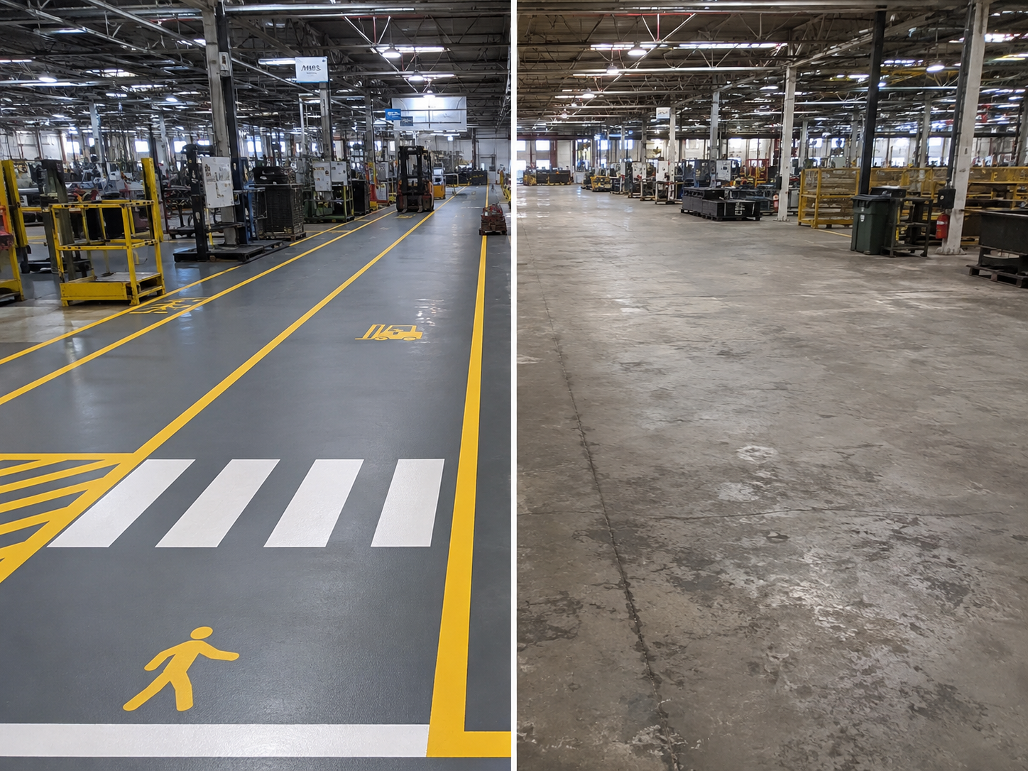 Comparativo: piso industrial desgastado e sem demarcação ao lado do mesmo piso com pintura epóxi cinza e sinalização amarela