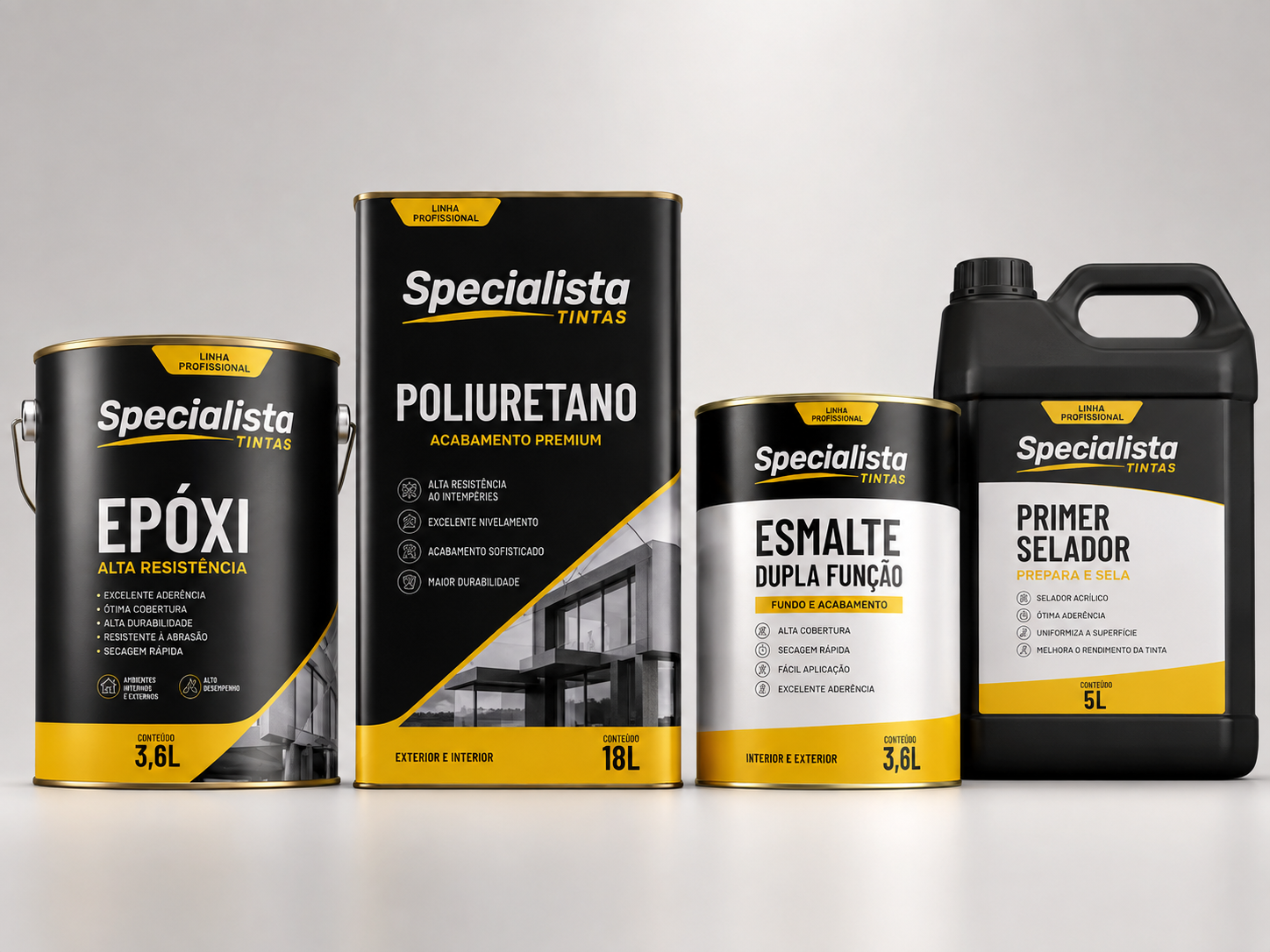 Linha de produtos industriais Specialista Tintas: EPÓXI, POLIURETANO, ESMALTE DUPLA FUNÇÃO e PRIMER SELADOR