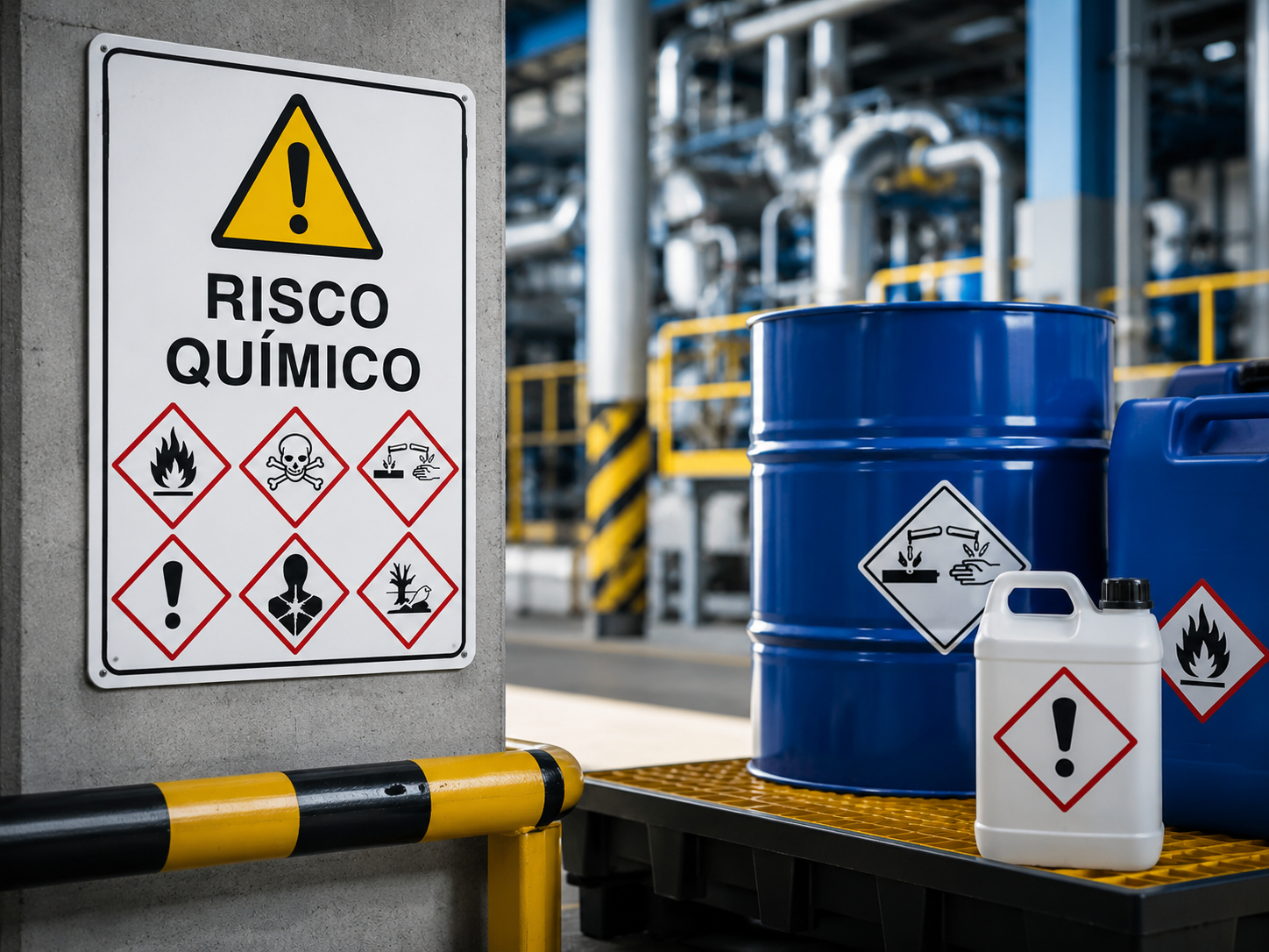 Sinalização de risco químico em ambiente industrial com tambores e equipamentos de proteção