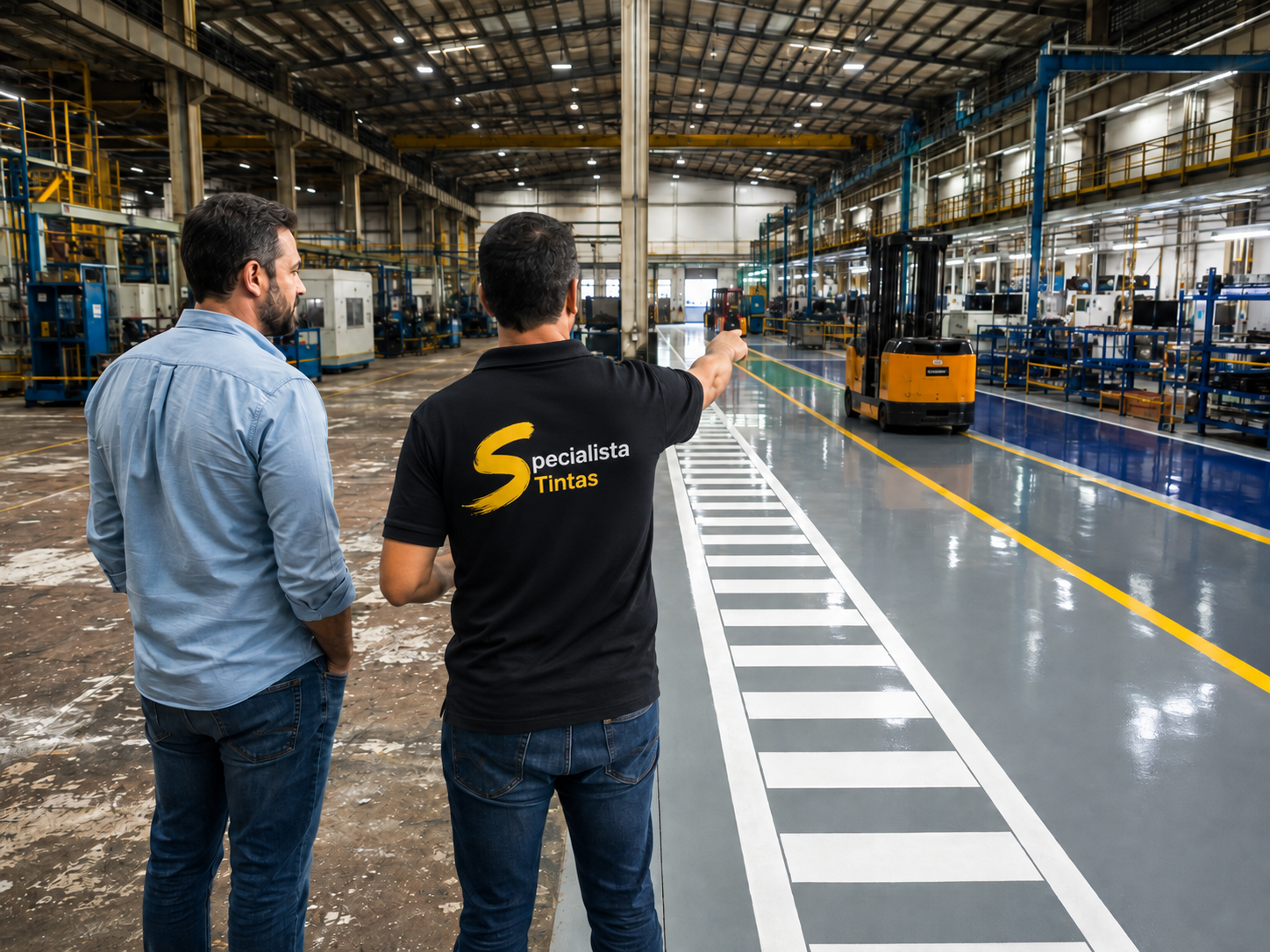 Consultor Specialista Tintas orientando cliente em visita técnica dentro de galpão industrial com piso epóxi cinza demarcado